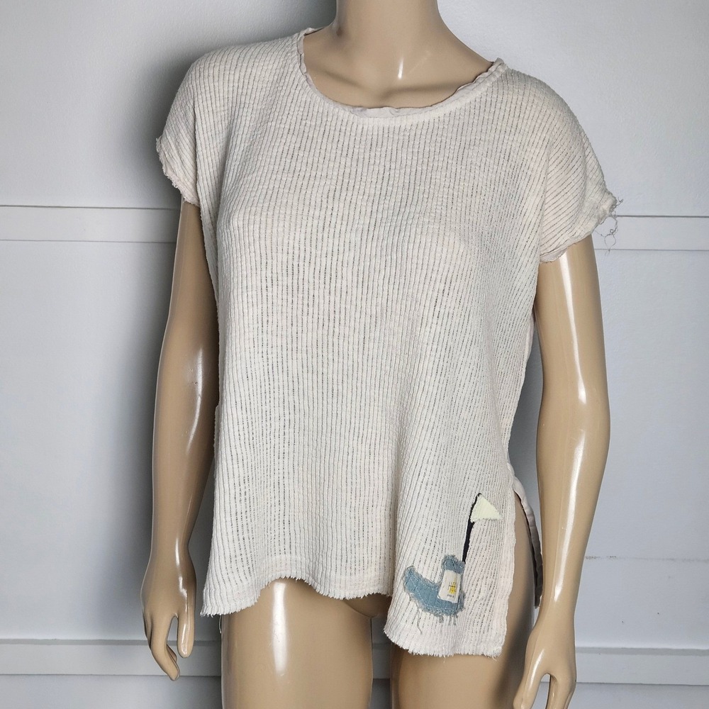 Heel Athens Lab Ivory Textured Knit Open Back Applique Boho Top Made in Greece